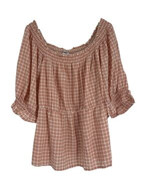 Old Navy Women's Top Pink Plaid Puff Sleeves Milkmaid Babydoll Size 4X Smocking
